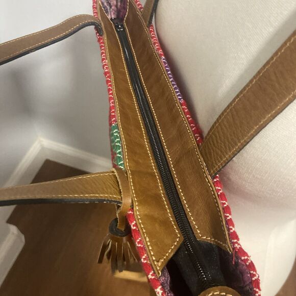 Woven Handmade Multicolor Boho Vegan Leather Trim Tote Bag - Picture 6 of 12